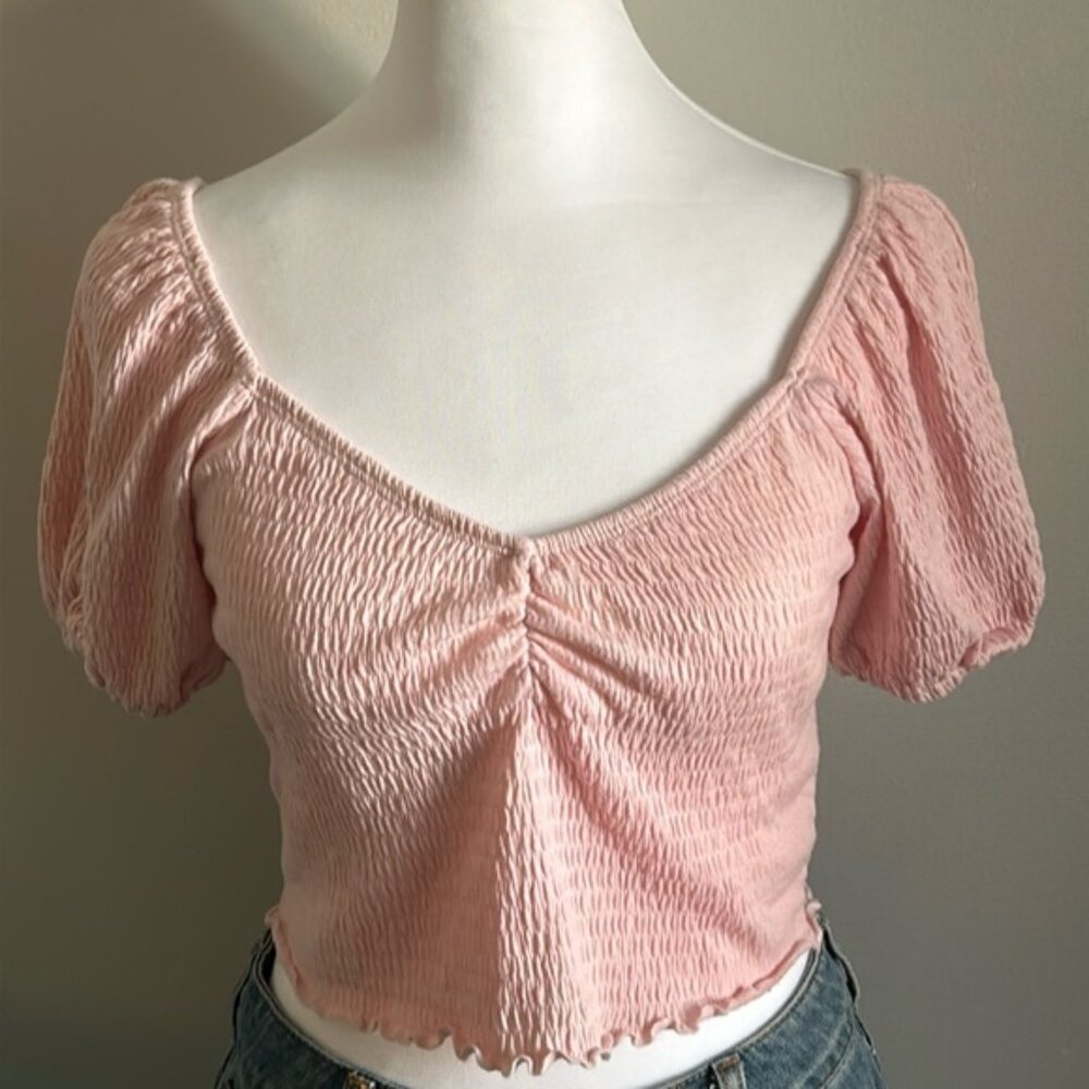 Billabong Pink Ruched Puff Sleeve It’s Love Pale Pink Cropped Top